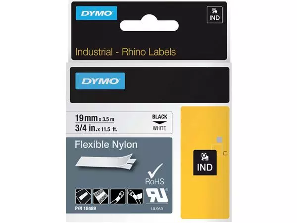 Een Labeltape Dymo Rhino industrieel nylon 19mm zwart op wit koop je bij De Joma BV