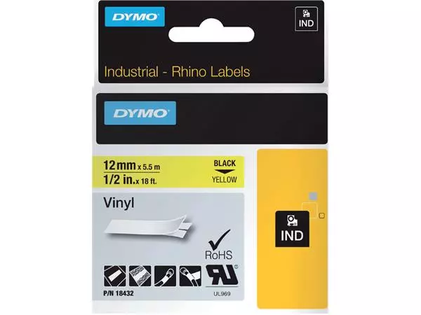 Een Labeltape Dymo Rhino industrieel vinyl 12mm zwart op geel koop je bij De Joma BV