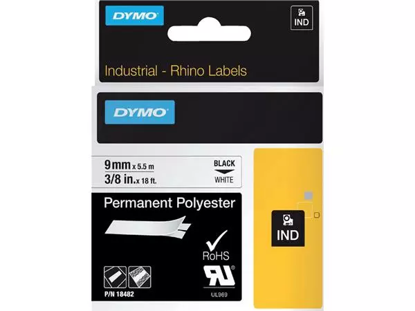 Een Labeltape Dymo Rhino industrieel polyester 9mm zwart op wit koop je bij Schellen Boek- en Kantoorboekhandel
