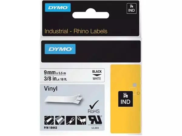 Buy your Labeltape Dymo Rhino industrieel vinyl 9mm zwart op wit at QuickOffice BV