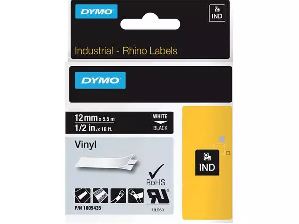 Een Labeltape Dymo Rhino industrieel vinyl 12mm wit op zwart koop je bij De Joma BV