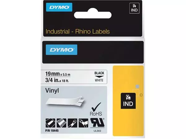 Een Labeltape Dymo Rhino industrieel vinyl 19mm zwart op wit koop je bij Schellen Boek- en Kantoorboekhandel