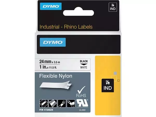 Een Labeltape Dymo Rhino industrieel nylon 24mm zwart op wit koop je bij Schellen Boek- en Kantoorboekhandel