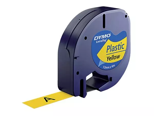 Een Labeltape Dymo letratag 91202 12mmx4m plastic zwart op geel koop je bij Draais.com