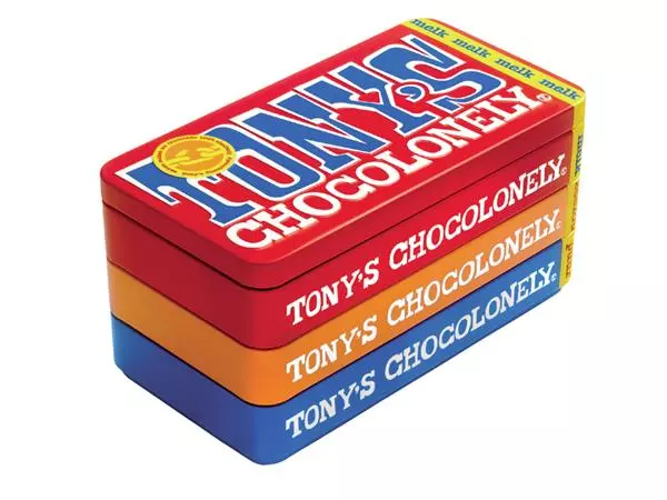 Een Chocolade Tony's Chocolonely puur-melk en karamel zeezout blik 540gr koop je bij Continu Kantoor