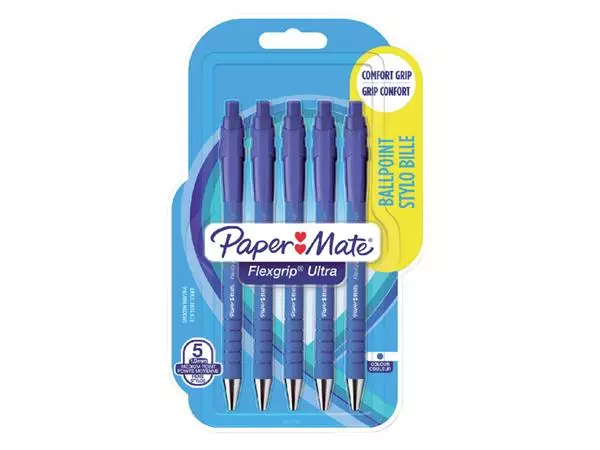 Een Balpen Paper Mate Flexgrip Ultra medium blauw blister à 5 stuks koop je bij Draais.com