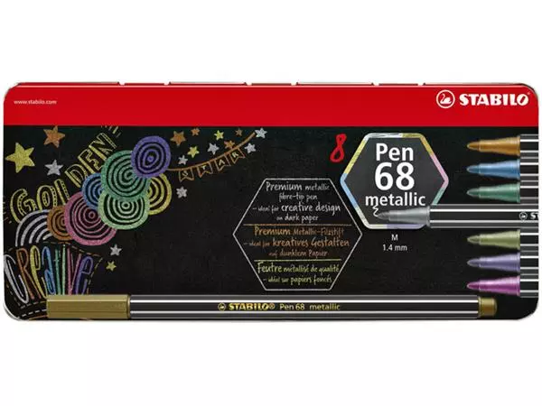 Een Viltstift STABILO Pen 68/8 medium metallic assorti blik à 8 stuks koop je bij De Joma BV