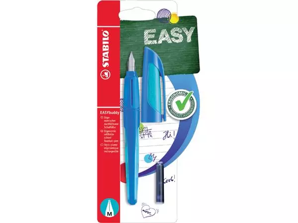 Een Vulpen STABILO Easybuddy rechtshandig medium donkerblauw/lichtblauw blister à 1 stuk koop je bij "De Waal" Kantoor Efficiency