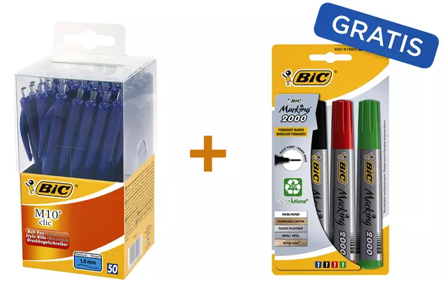 Een Balpen Bic M10 clic medium blauw valuepack à 50 stuks incl 4 st viltstiften koop je bij Kantoorboekhandel Van Atten