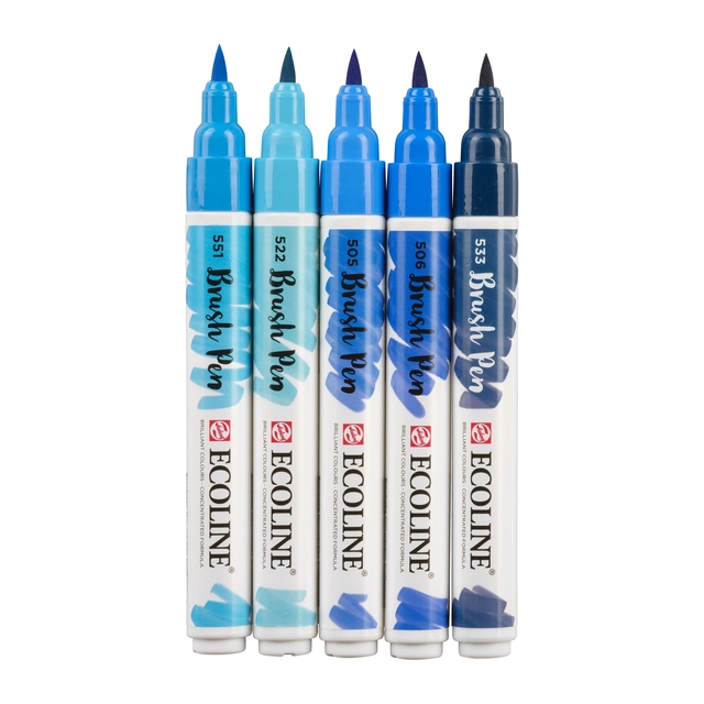 Een Brushpen Talens Ecoline set á 5 stuks blauw koop je bij van Kerkvoorde & Hollander B.V.