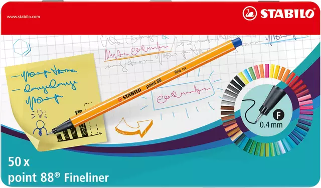 Een Fineliner STABILO point 88/50 fijn assorti blik à 50 stuks koop je bij van Kerkvoorde & Hollander B.V.