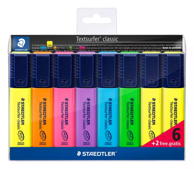 Een Markeerstift Staedtler 364 Textsurfer set à 6 stuks assorti + 2 geel gratis koop je bij Deska Alles voor Kantoor