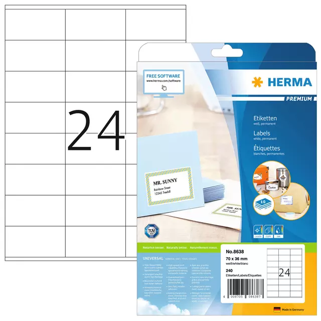 Een Etiket HERMA 8638 70x36mm premium wit 240stuks koop je bij Schellen Boek- en Kantoorboekhandel