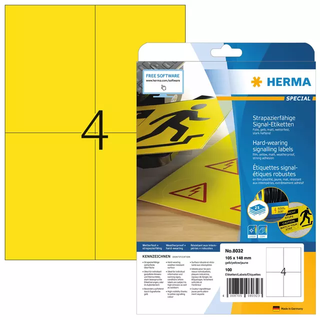 Een Etiket HERMA 8032 105x148mm 100st folie geel koop je bij All Office Kuipers BV