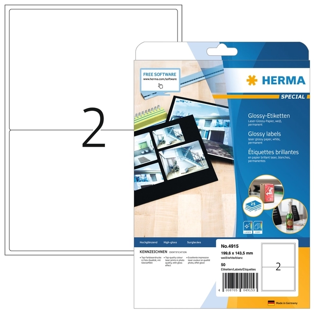 Een Etiket HERMA 4915 199.6X143.5mm glossy wit 50 etiketten koop je bij Clippz! Office Supplies