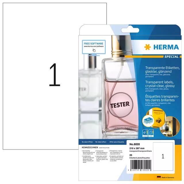 Een Etiket HERMA 8020 210x297mm transparant 25stuks koop je bij De Joma BV
