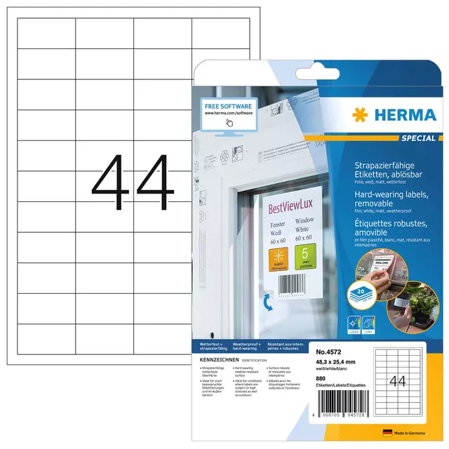 Een Etiket HERMA 4572 48.3x25.4mm 880st folie wit koop je bij All Office Kuipers BV