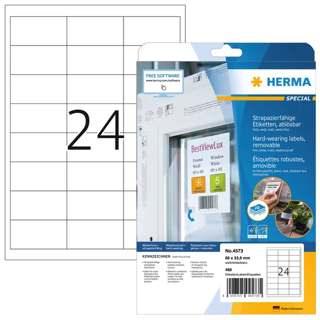 Een Etiket HERMA 4573 66x33.8mm 480st folie wit koop je bij All Office Kuipers BV