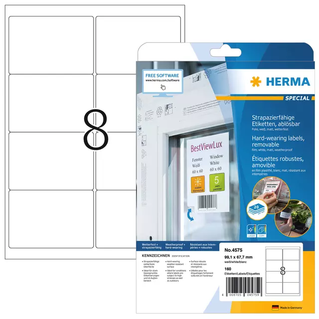 Een Etiket HERMA 4575 99.1x67.7mm 160st folie wit koop je bij All Office Kuipers BV