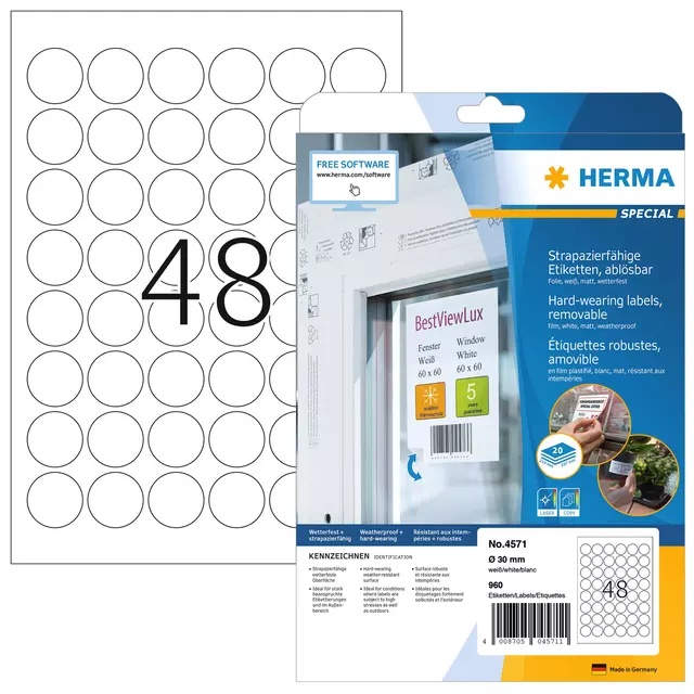Een Etiket HERMA 4571 30mm rond folie 960stuks wit koop je bij All Office Kuipers BV