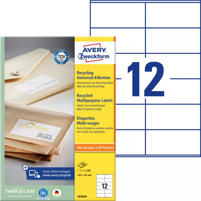 Een Etiket Avery Zweckform LR3424 105x48mm recycled wit 1200stuks koop je bij Quality Office Supplies