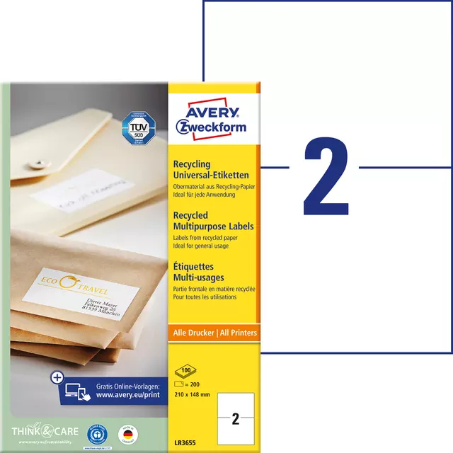 Een Etiket Avery LR3655 210x148mm A5 wit 200stuks koop je bij All Office Kuipers BV