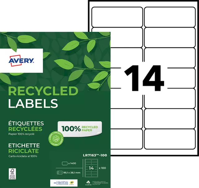Een Etiket Avery LR7163-100 99.1x38.1mm recycled wit 1400stuks koop je bij Schellen Boek- en Kantoorboekhandel