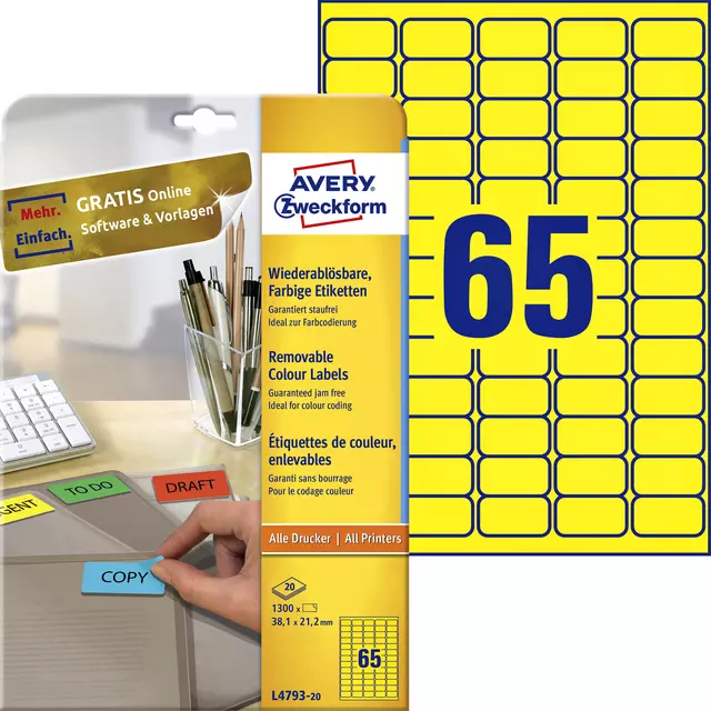 Een Etiket Avery ZweckformL4793-20 38.1x21.2mm geel 1300stuks koop je bij De Joma BV