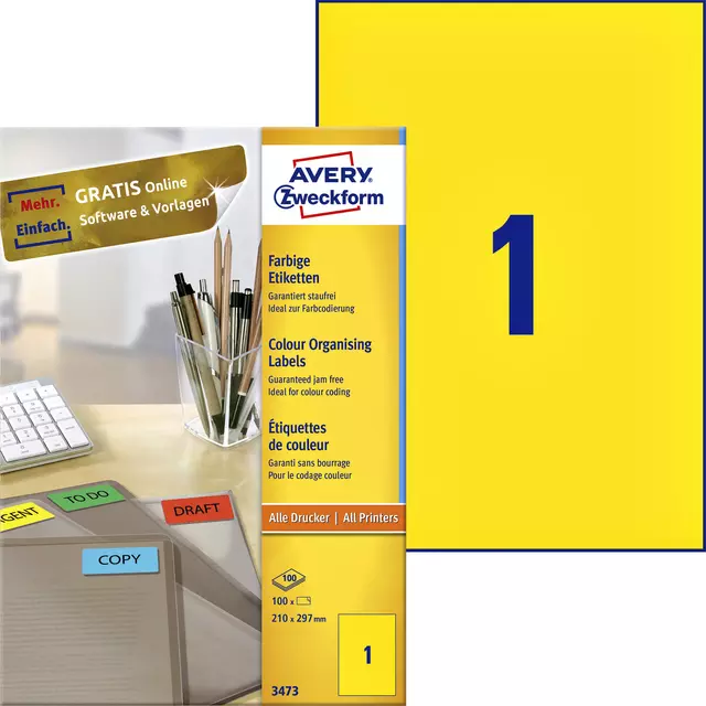 Een Etiket Avery Zweckform 3473 210x297mm A4 geel 100stuks koop je bij De Joma BV