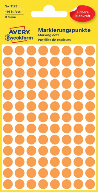 Een Etiket Avery Zweckform 3178 rond 8mm oranje 416stuks koop je bij De Joma BV