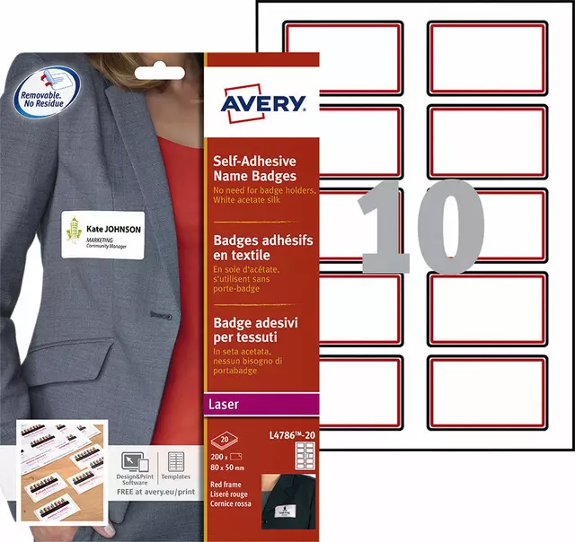 Een Naambadge etiket Avery L4786-20 80x50mm rood kader 200stuks koop je bij De Joma BV