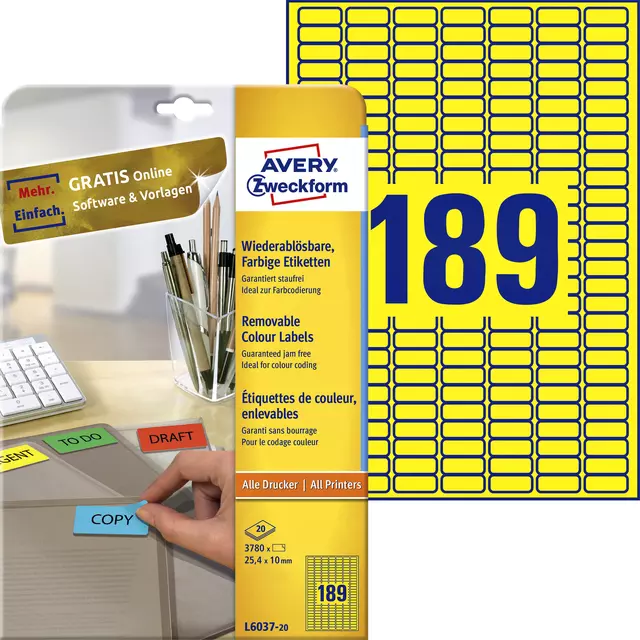 Een Etiket Avery Zweckform L6037-20 25.4x10mm geel 3780stuks koop je bij De Joma BV