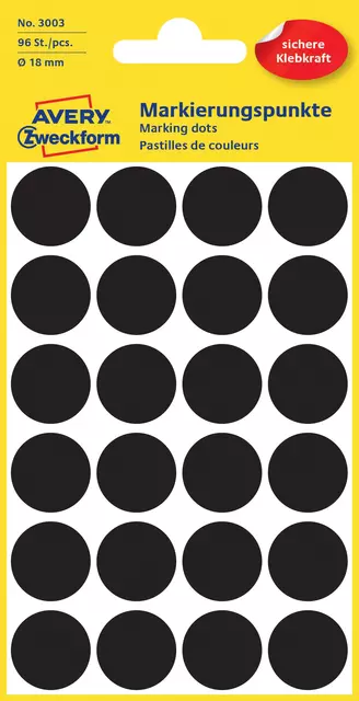 Een Etiket Avery Zweckform 3003 rond 18mm zwart 96stuks koop je bij Schellen Boek- en Kantoorboekhandel