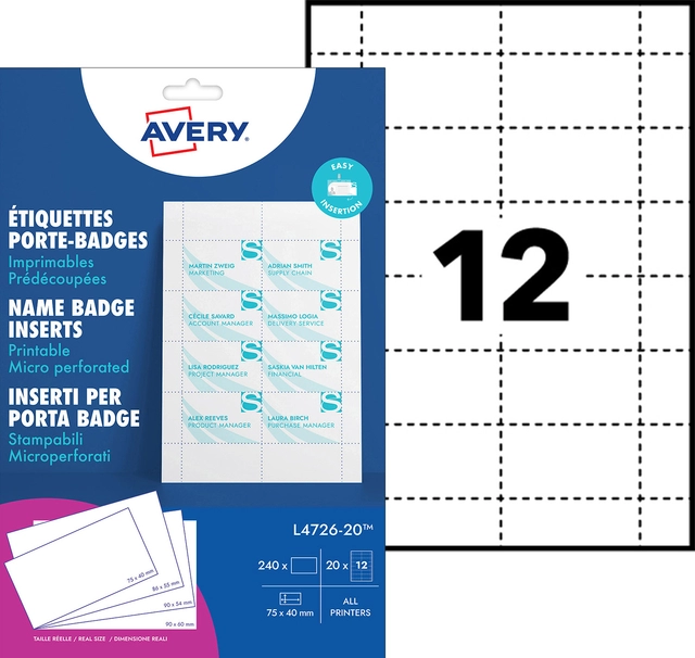 Een Badgekaart Avery L4726-20 40x75mm microperforatie 20 vel koop je bij Schellen Boek- en Kantoorboekhandel