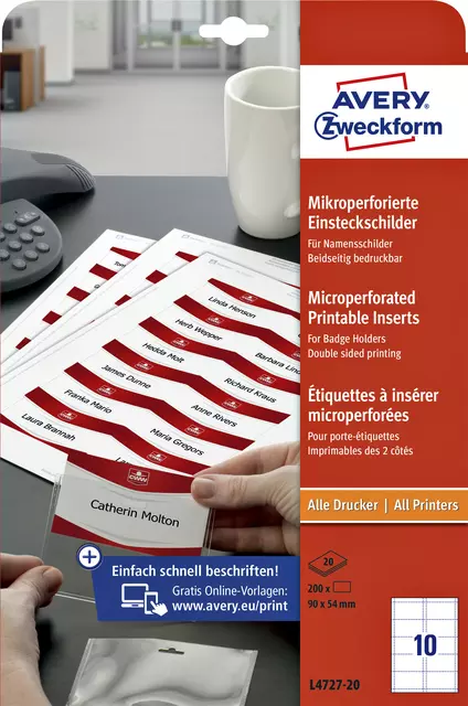 Een Badgekaart Avery L4727-20 54x90mm microperforatie koop je bij QuickOffice BV