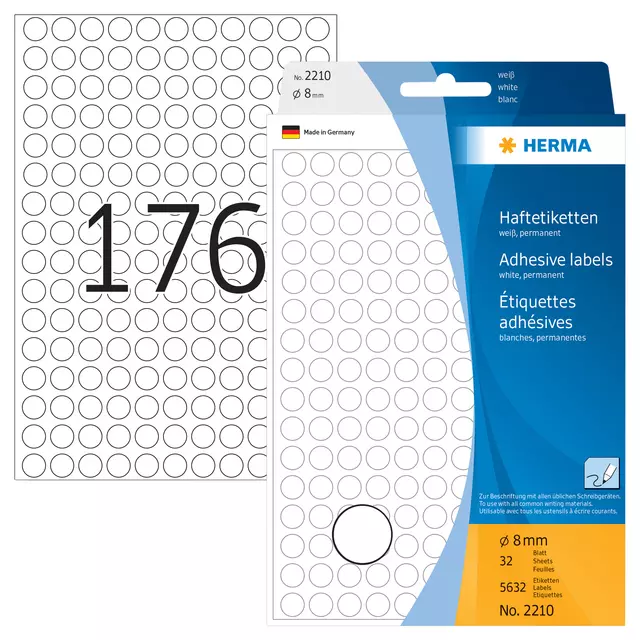 Een Etiket HERMA 2210 rond 8mm wit 5632stuks koop je bij De Joma BV