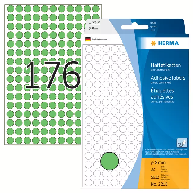 Een Etiket HERMA 2215 rond 8mm groen 5632stuks koop je bij De Joma BV