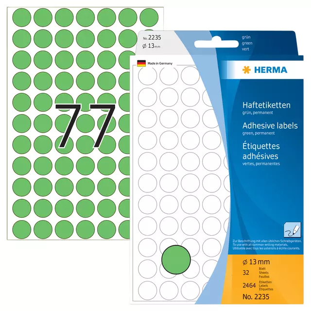 Een Etiket HERMA 2235 rond 13mm groen 2464stuks koop je bij Schellen Boek- en Kantoorboekhandel