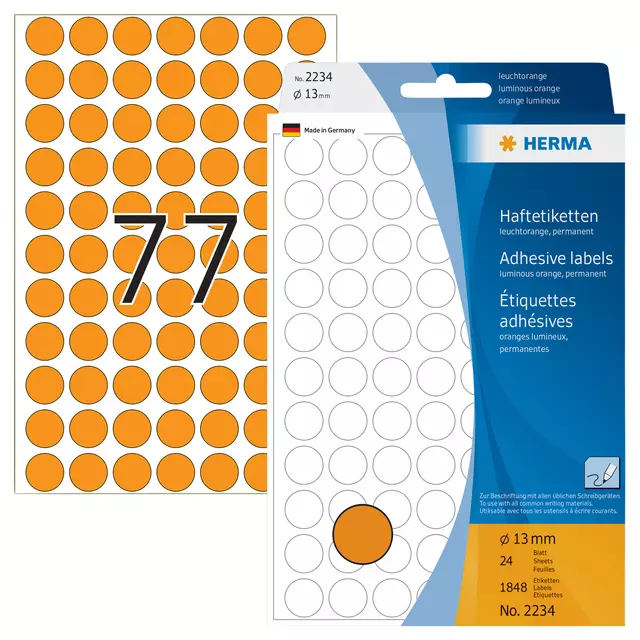 Een Etiket HERMA 2234 rond 13mm fluor oranje 1848stuks koop je bij De Joma BV