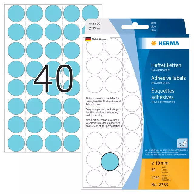 Een Etiket HERMA 2253 rond 19mm blauw 1280stuks koop je bij De Joma BV