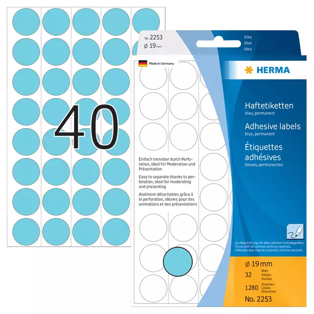 Een Etiket HERMA 2253 rond 19mm blauw 1280stuks koop je bij QuickOffice BV