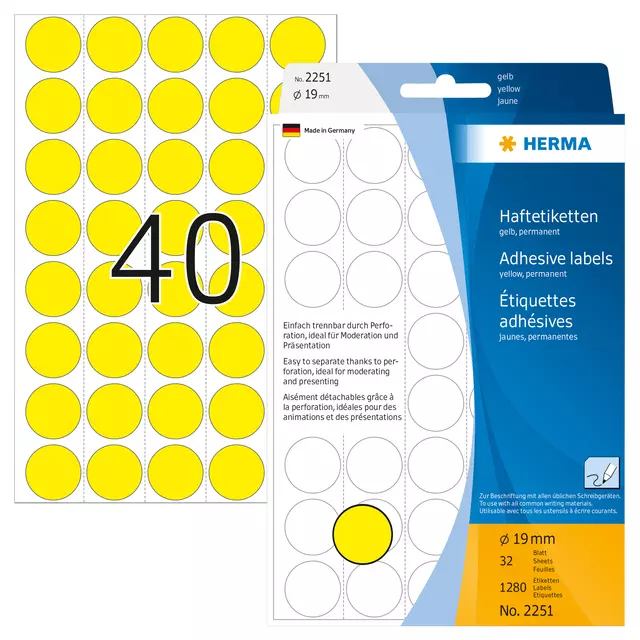 Een Etiket HERMA 2251 rond 19mm geel 1280stuks koop je bij De Rijk Kantoorshop