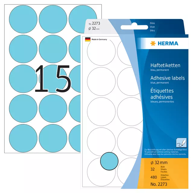 Een Etiket HERMA 2273 rond 32mm blauw 480stuks koop je bij Schellen Boek- en Kantoorboekhandel