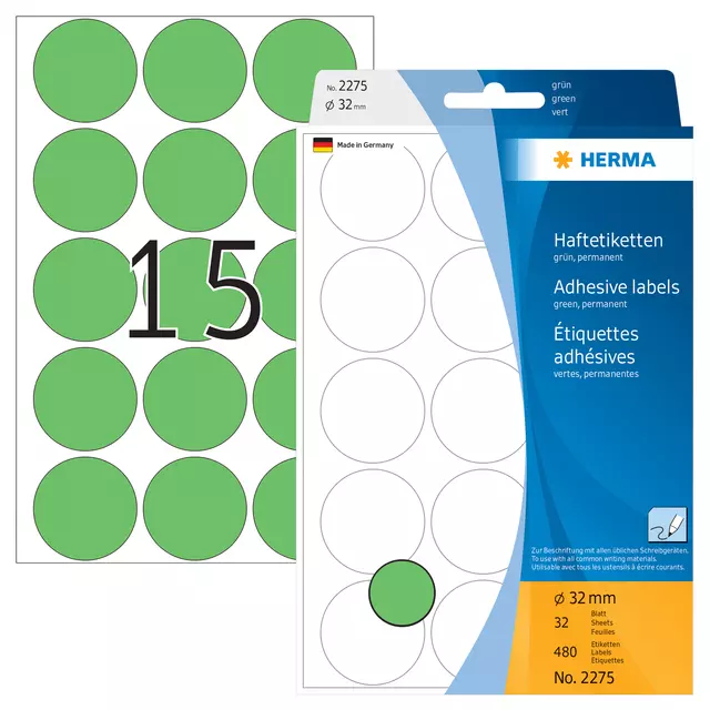 Een Etiket HERMA 2275 rond 32mm groen 480stuks koop je bij De Joma BV