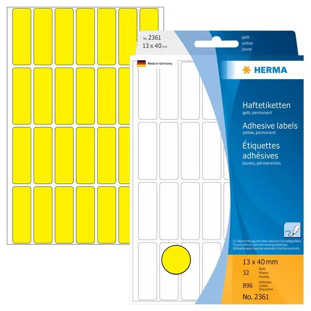Een Etiket HERMA 2361 13x40mm geel 896 stuks koop je bij Schellen Boek- en Kantoorboekhandel