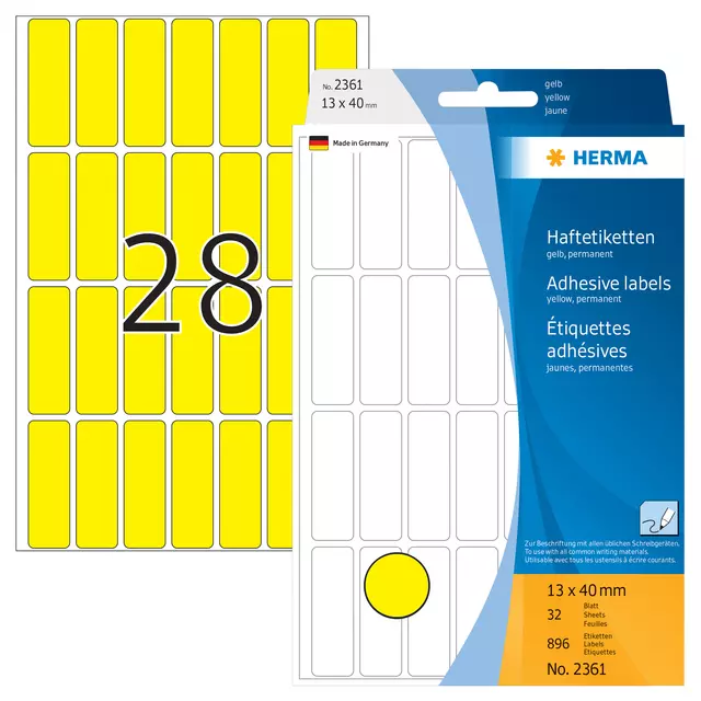 Een Etiket HERMA 2361 13x40mm geel 896 stuks koop je bij De Joma BV