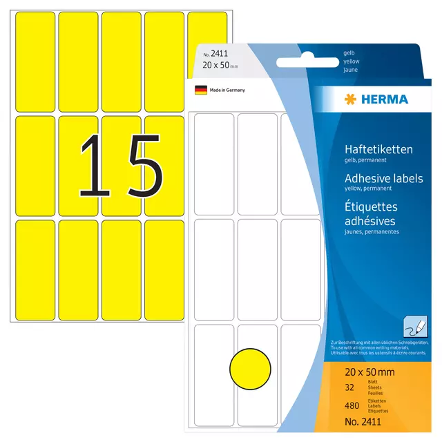 Een Etiket HERMA 2411 20x50mm geel 480 stuks koop je bij De Joma BV