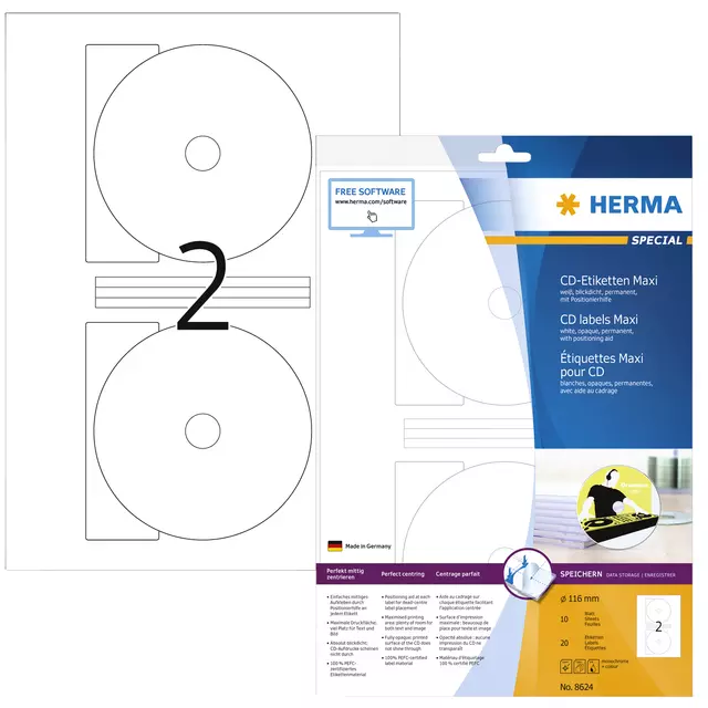 Een Etiket HERMA 8624 CD 116mm wit opaqua 20stuks koop je bij De Joma BV