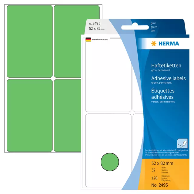 Een Etiket HERMA 2495 52x82mm groen 128stuks koop je bij De Joma BV