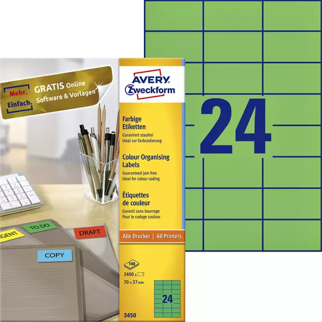 Een Etiket Avery Zweckform 3450 70x37mm groen 2400stuks koop je bij Schellen Boek- en Kantoorboekhandel